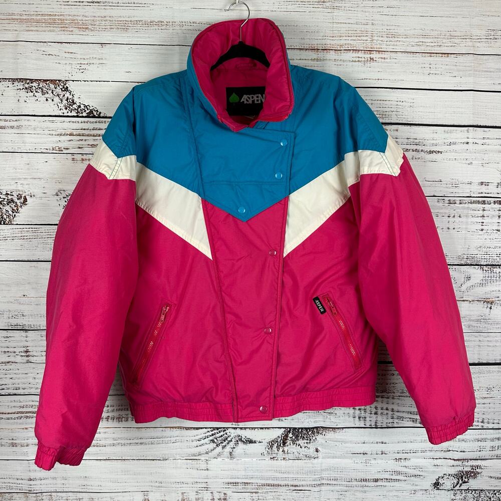Womens VTG 80s ASPEN Pink Blue Color Block Full Zip Ski Puffer Winter Coat XL